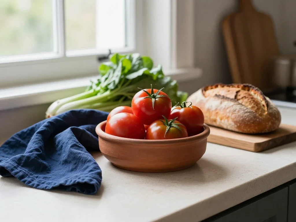 Assortiment de légumes frais et pain artisanal illustrant la diversité et l'équilibre des sujets.